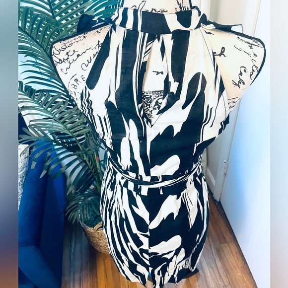 Black and White Sleeveless Dress with Belt - Picture 4 of 9